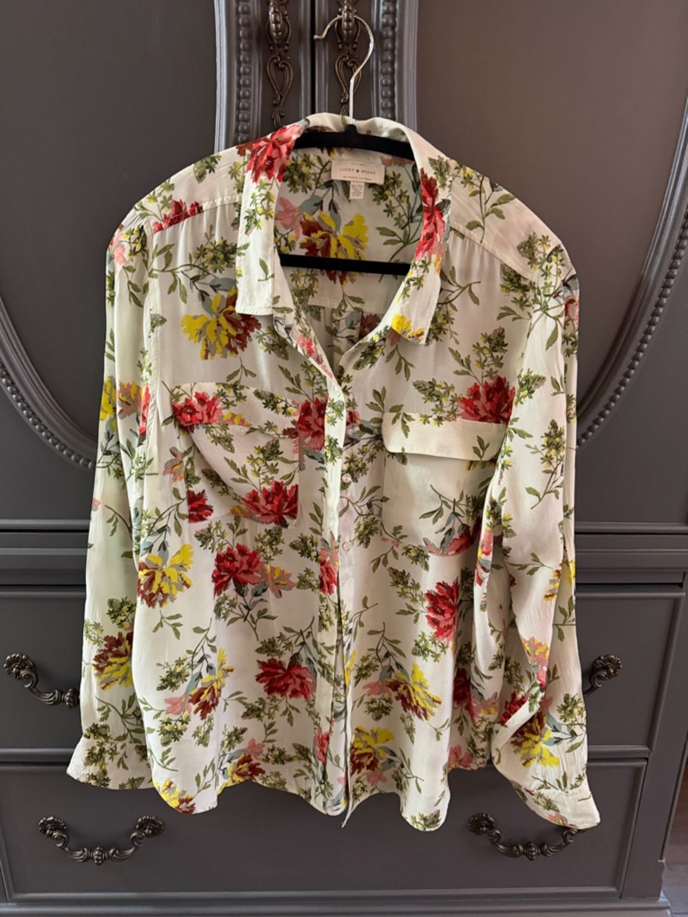 Lucky Brand XL Floral Button-Up Shirt - Cream with Red & Yellow Flowers